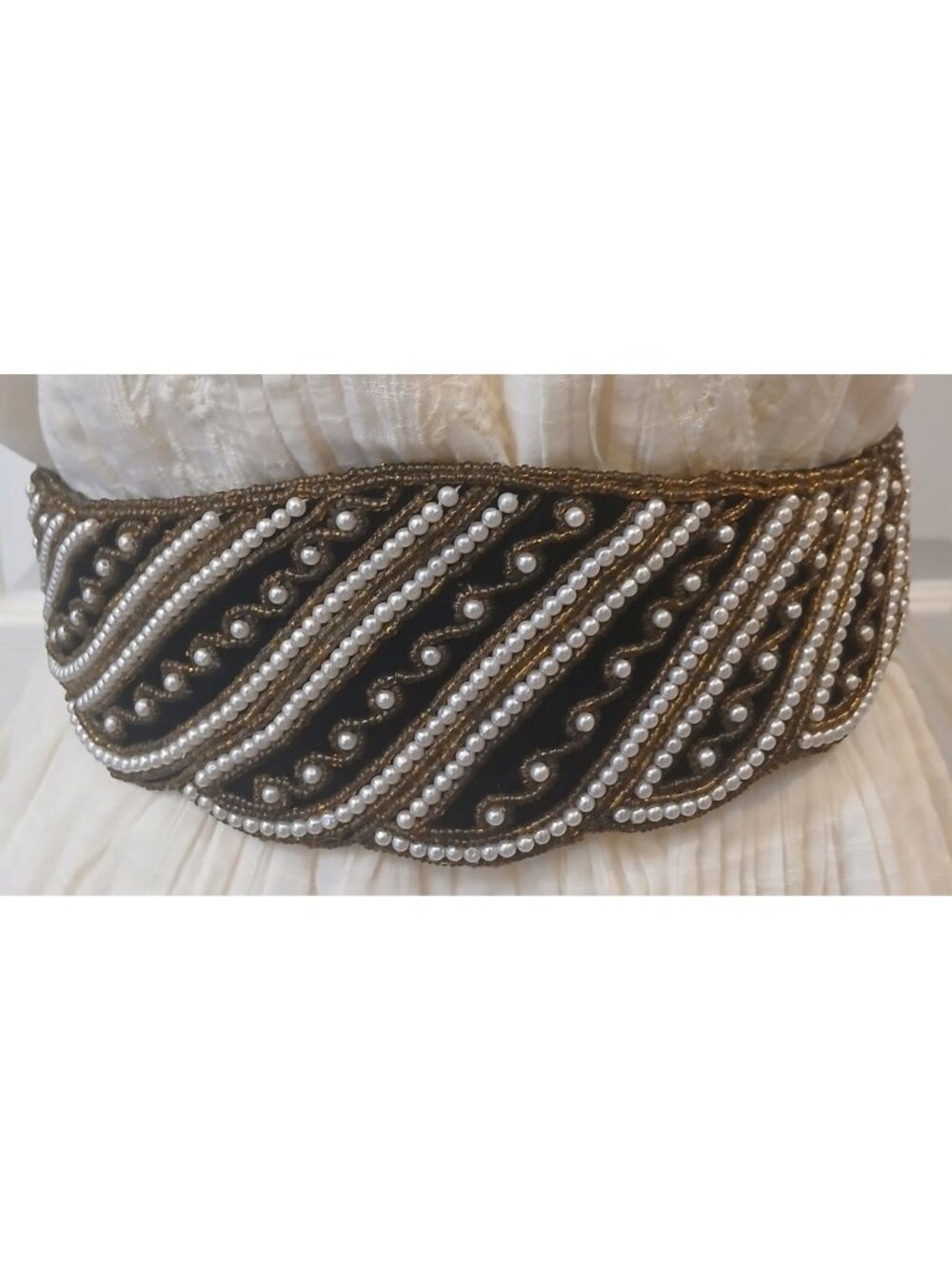 Black Velvet Belt W/ Gold & Pearl Beaded Design Stretch Rayon Satin 2 Hook #I-10